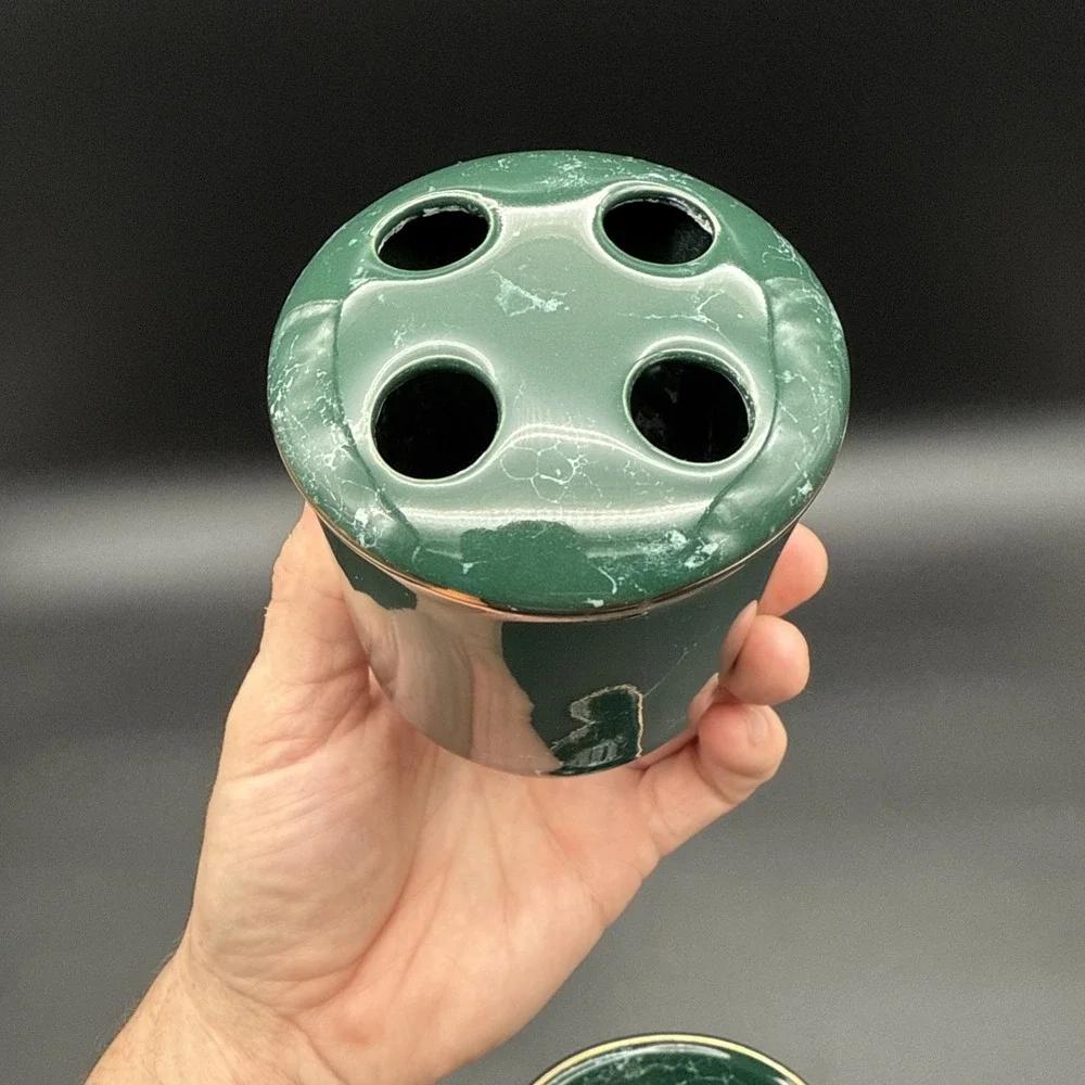 Green Marble Soap Dish Tumbler Toothbrush Holder Bathroom Set Vintage Gold Rim‎